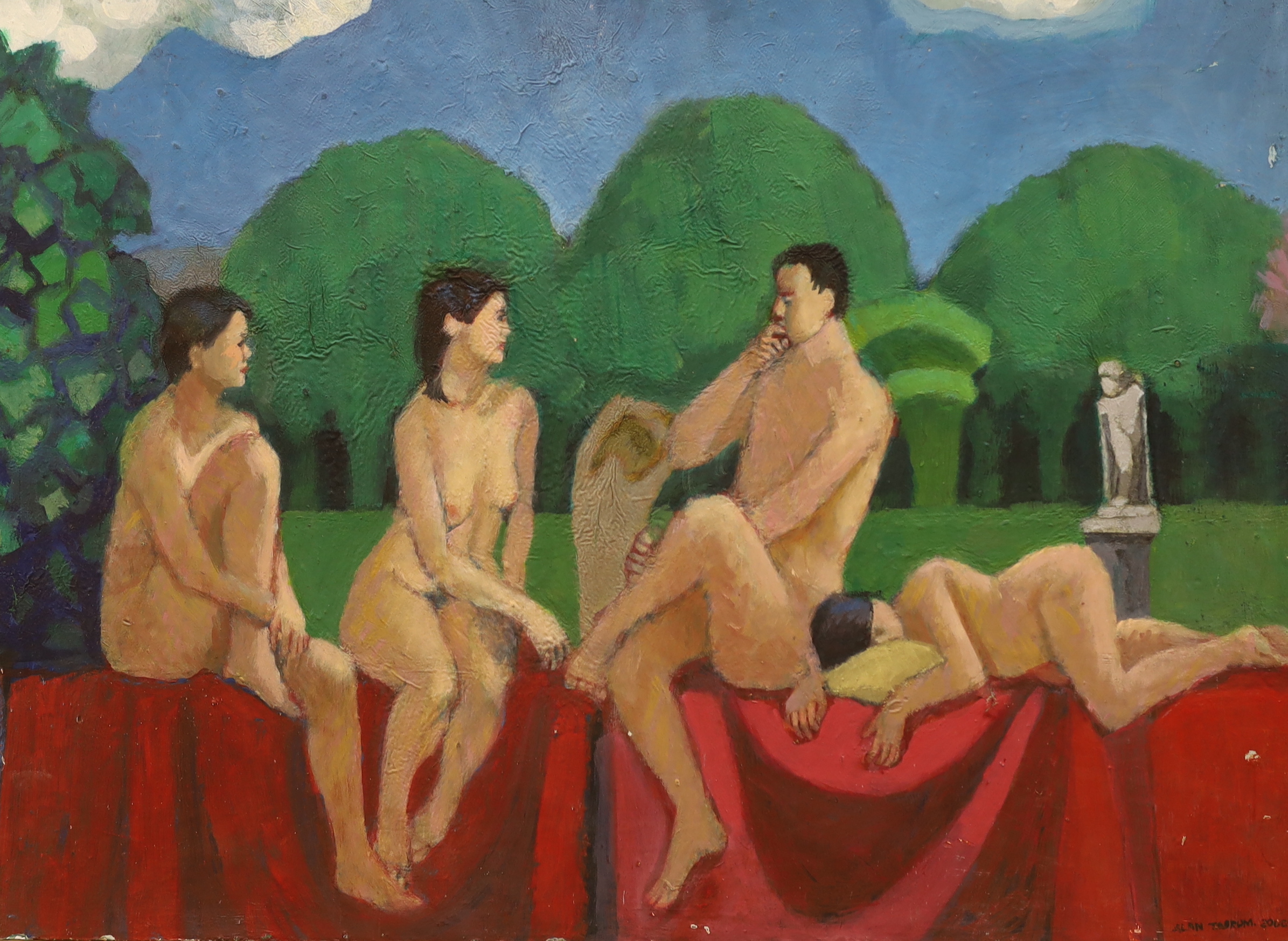 Alan Tabrum (20th. C), oil on board, Nudes in parkland, signed and dated 2000, 41 x 56cm, unframed